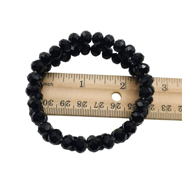 Black Glass Beaded Stretch Double Strand Bangle Bracelet Vintage - Picture 4 of 4